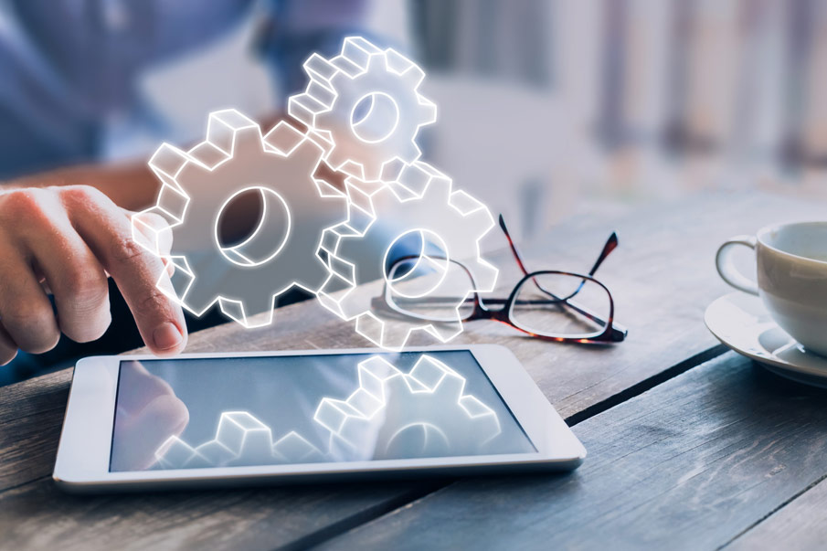 Business process management automation using internet technology, businessman touching computer screen, AR gears